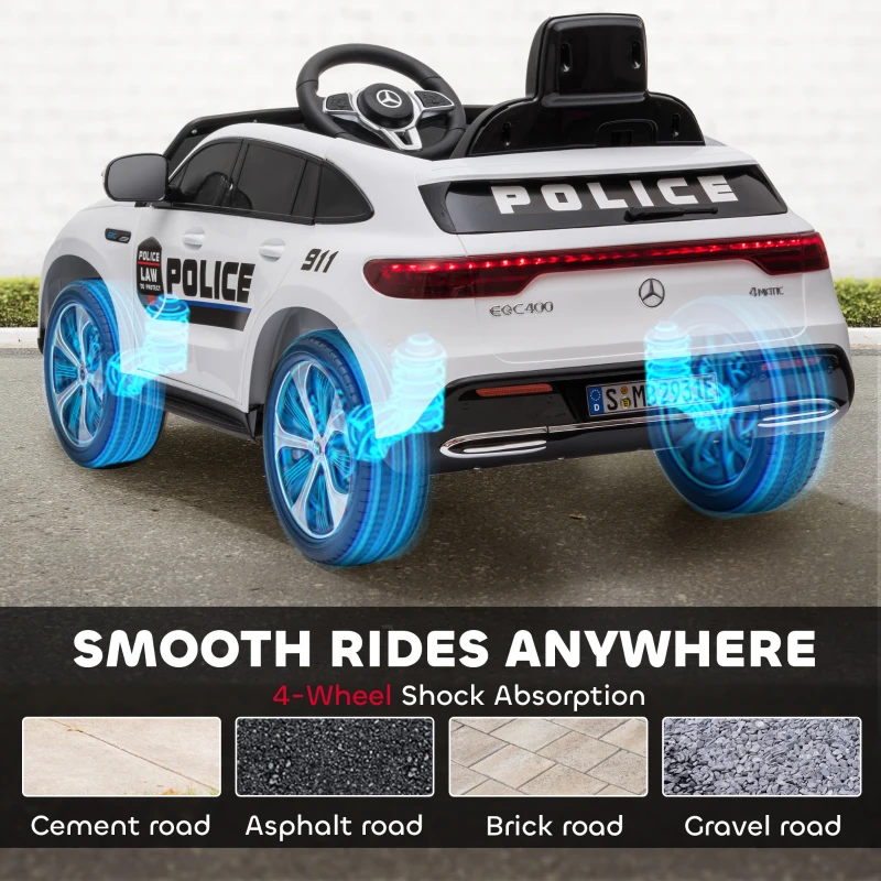 Aosom Licensed BENZ EQ Kids Electric Ride On Car, 12V 7AH Battery-powered Kids Police Car Toy with Parental Remote Control Music Lights Suspension Wheels for 3-5 Years Old White