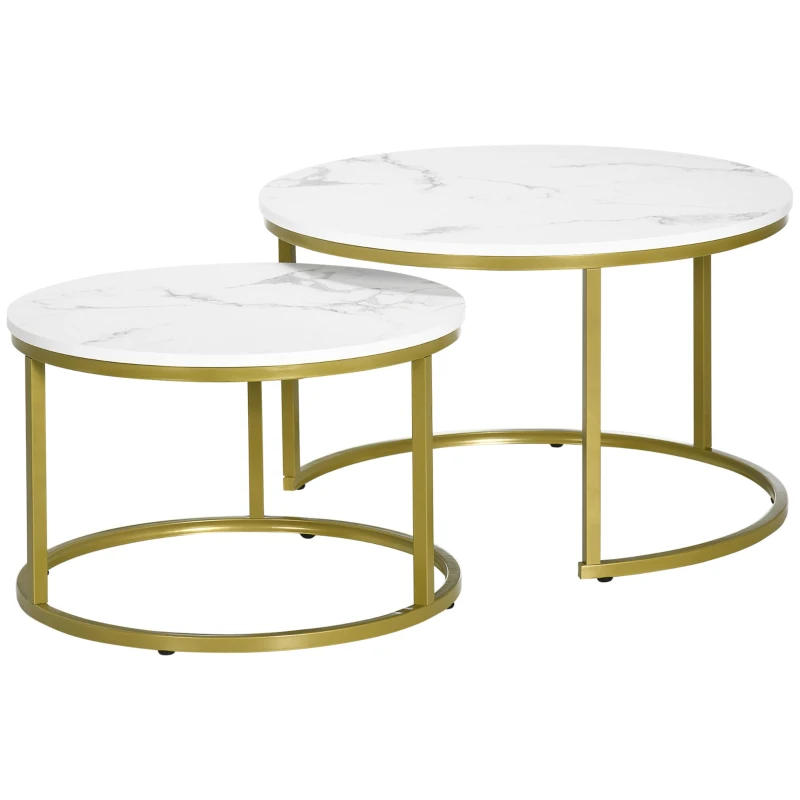 HOMCOM Nesting Tables, 29" Round Coffee Table Set of 2, Modern Side Tables for Living Room with Metal Base, Faux Marbled White