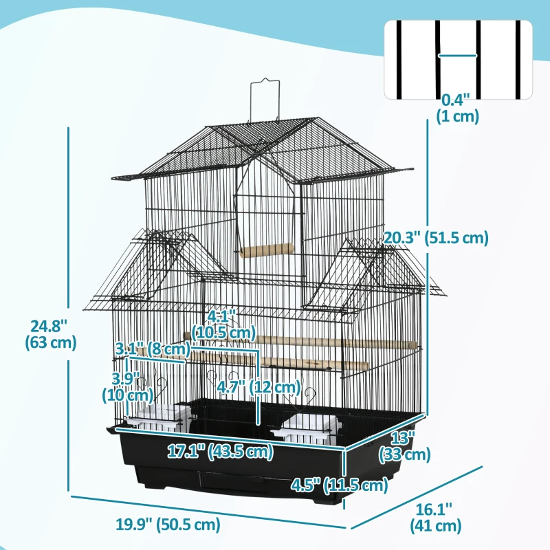 PawHut 25" Bird Cage with Perch, Swing, Food Container, Slide-out Tray, Handle, Parrot Cage for Finches, Canaries, Budgies