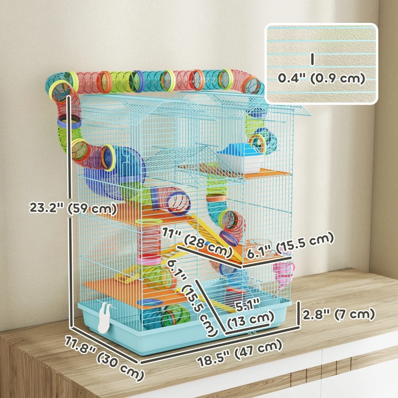 PawHut 18.5" Hamster Cage, 5 Tiers Small Animal House with Tunnel Tube System, Exercise Wheel, Water Bottle, Light Blue