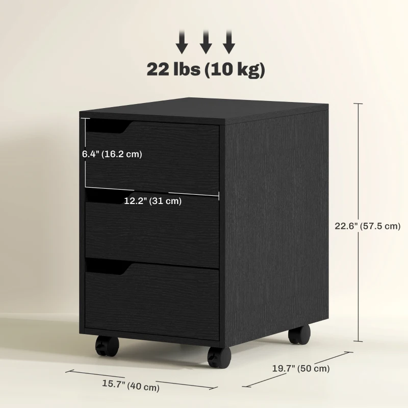 HOMCOM 3 Drawer File Cabinet, Vertical Filing Cabinet with Wheels, Mobile Printer Stand with Storage for Home Office, Black