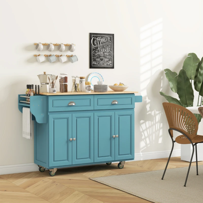 HOMCOM Kitchen Island with Storage, Rolling Kitchen Island with Drop Leaf, Rubber Wood Top and Adjustable Shelves, Light Blue