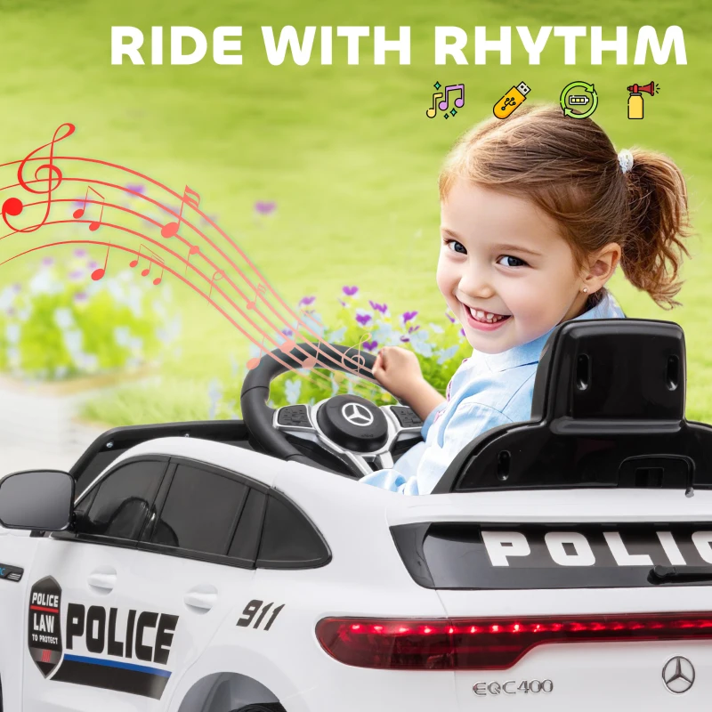 Aosom Licensed BENZ EQ Kids Electric Ride On Car, 12V 7AH Battery-powered Kids Police Car Toy with Parental Remote Control Music Lights Suspension Wheels for 3-5 Years Old White