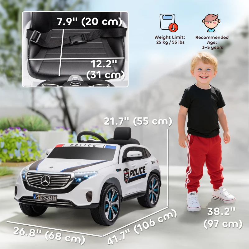 Aosom Licensed BENZ EQ Kids Electric Ride On Car, 12V 7AH Battery-powered Kids Police Car Toy with Parental Remote Control Music Lights Suspension Wheels for 3-5 Years Old White