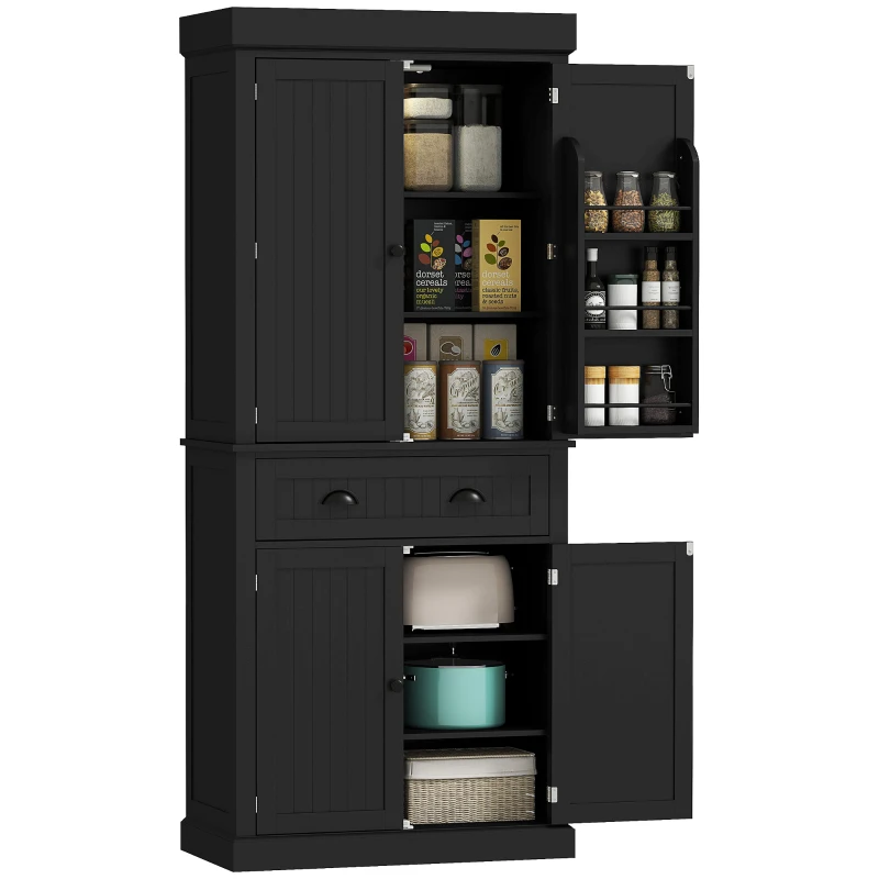 HOMCOM 71" Kitchen Pantry Cabinet with LED Lights, 6 Spice Racks, a Drawer and 4 Adjustable Shelves, Black