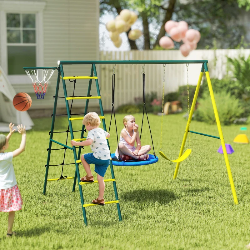 Outsunny 4 in 1 Swing Set for Kids with Saucer Swing, Seat, Climbing Ladder/Net, Basketball Hoop for 3-8 Years Old, Yellow