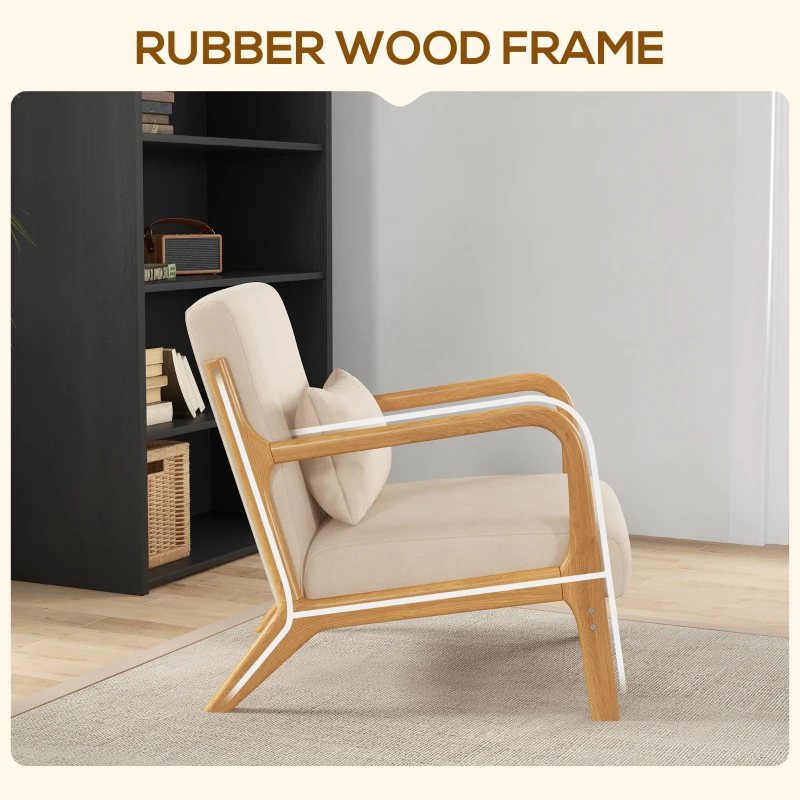 HOMCOM Fabric Lounge Chair, Velvet Armchair, Retro Accent Chair with Wood Legs and Thick Padding for Bedroom, Beige