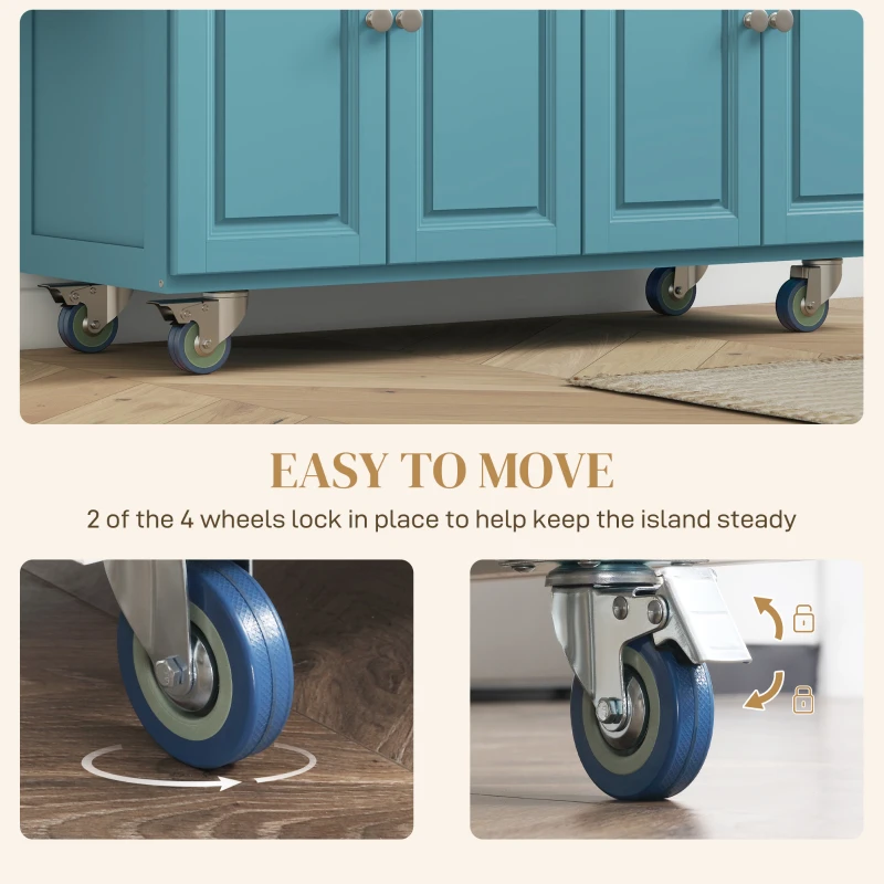 HOMCOM Kitchen Island with Storage, Rolling Kitchen Island with Drop Leaf, Rubber Wood Top and Adjustable Shelves, Light Blue