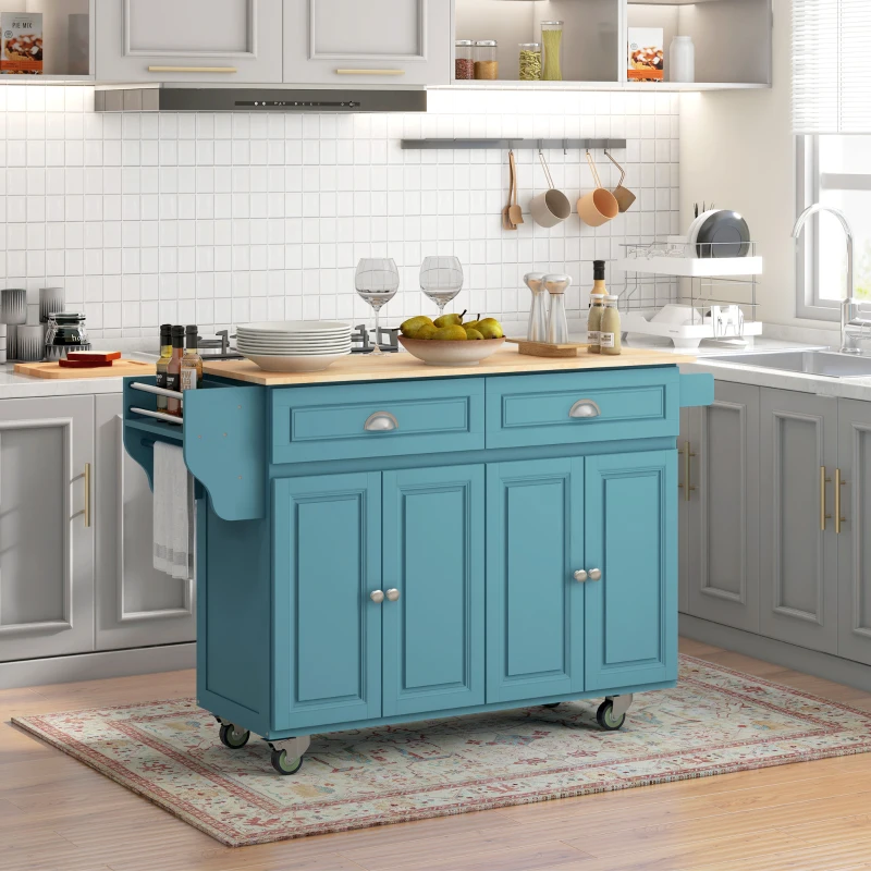 HOMCOM Kitchen Island with Storage, Rolling Kitchen Island with Drop Leaf, Rubber Wood Top and Adjustable Shelves, Light Blue