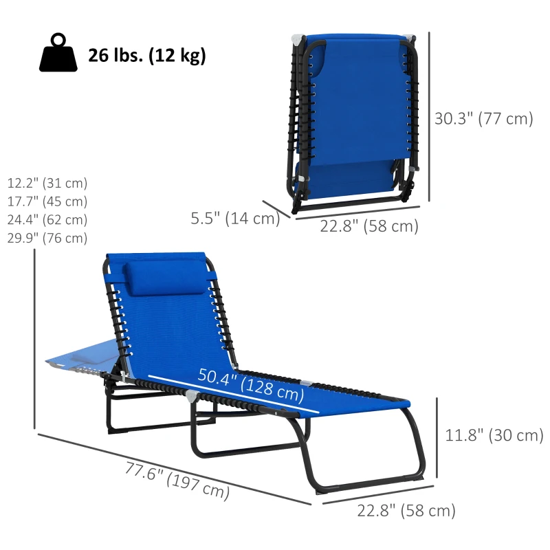 Outsunny 2 PCs Folding Lounge Chairs, Adjustable Chaise Lounge with Headrest, Reclining Lounger Cot for Camping, Hiking, Blue