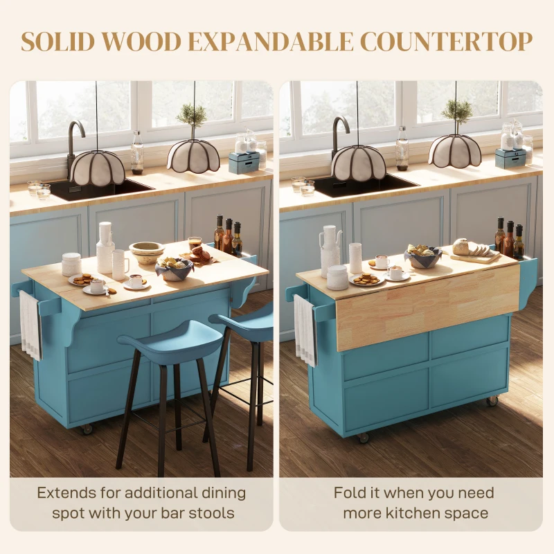 HOMCOM Kitchen Island with Storage, Rolling Kitchen Island with Drop Leaf, Rubber Wood Top and Adjustable Shelves, Light Blue