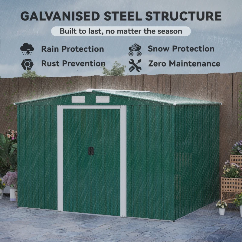 Outsunny 8.5' x 6.8' x 5.8' Practical Backyard Garden Storage Tool Shed Double Sliding Door 4 Ventilation Slots, Green