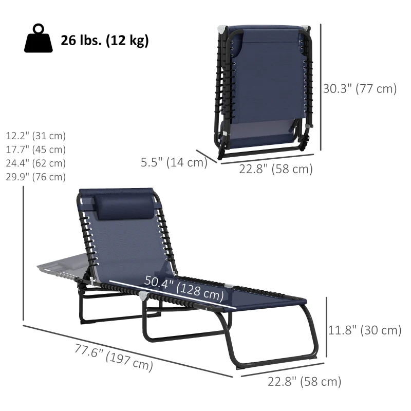 Outsunny 2 PCs Folding Lounge Chair, Adjustable Chaise Lounge with Headrest, Reclining Lounger Cot for Camping, Hiking, Dark Blue