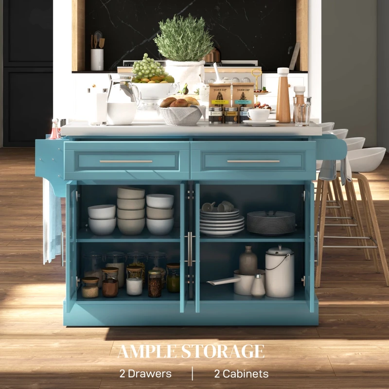 HOMCOM Rolling Kitchen Island with Storage and Stainless Steel Top, Kitchen Trolley with Drawers, Towel Rack, Light Blue