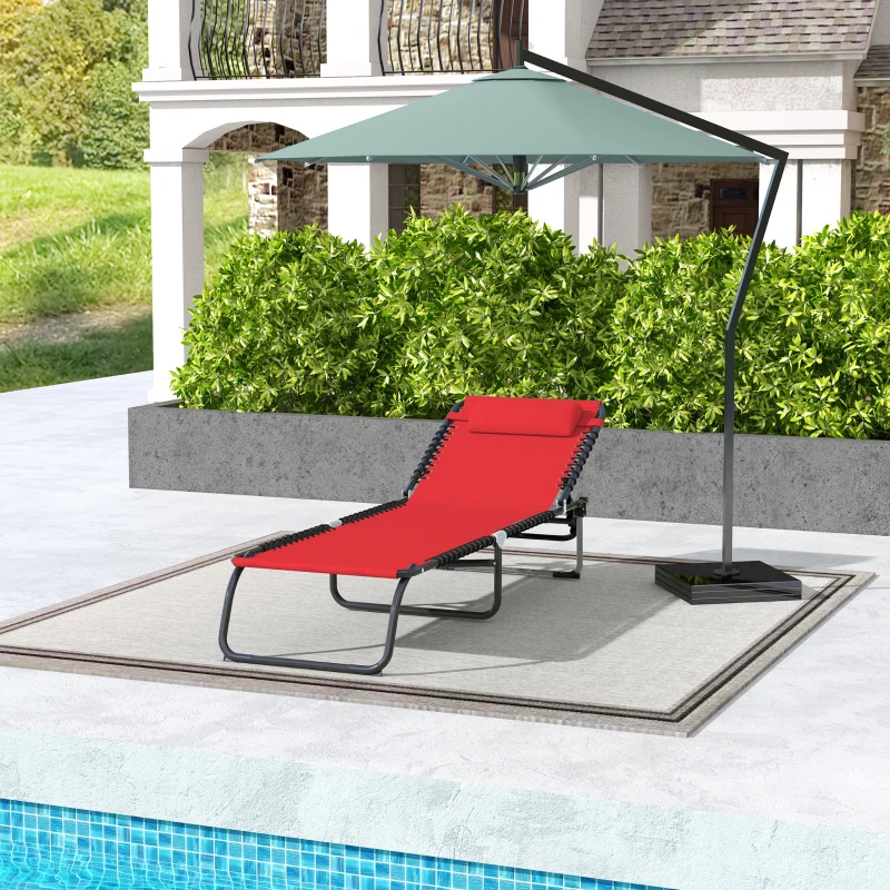 Outsunny Folding Chaise Lounge Pool Chair with 4-Position Reclining Back, Pillow, Breathable Mesh & Bungee Seat, Wine Red
