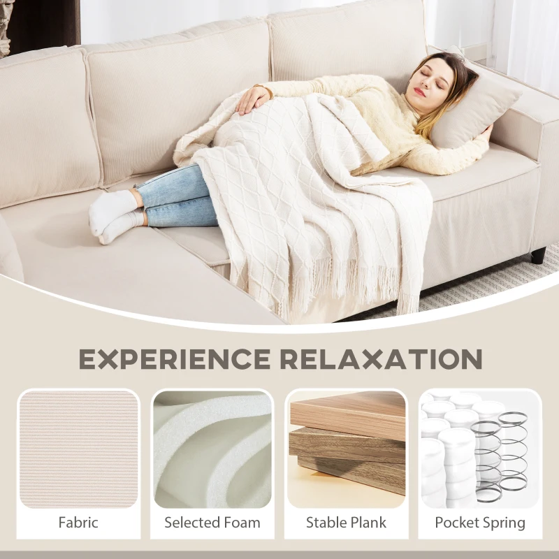 HOMCOM Corner Sofa with Reversible Chaise Lounge, Corduroy L-Shaped Sectional Sofa with Pocket Spring, Cream White