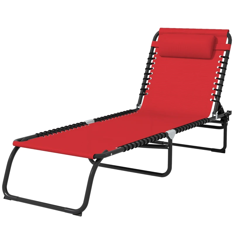 Outsunny Outdoor Folding Lounge Chair, 4-Level Adjustable Chaise Lounge with Headrest, Tanning Chair Beach Bed Reclining Lounger Cot for Camping, Hiking, Backyard, Wine Red