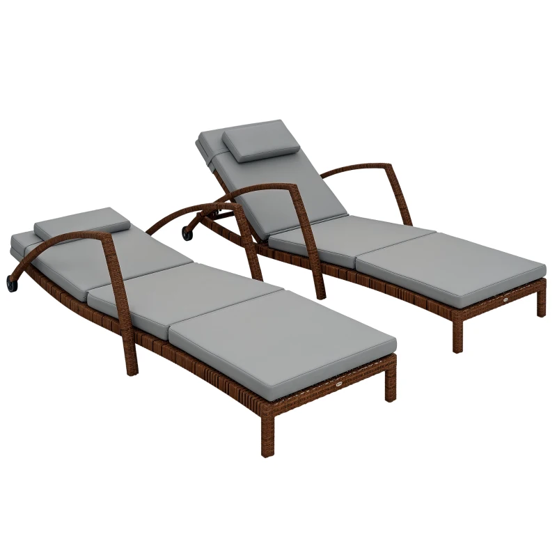 Outsunny Set of 2 Wicker Chaise Lounge Chair Outdoor Patio Lounger with 5 Adjustable Back, Wheels, Cushion, and Armrests, Gray