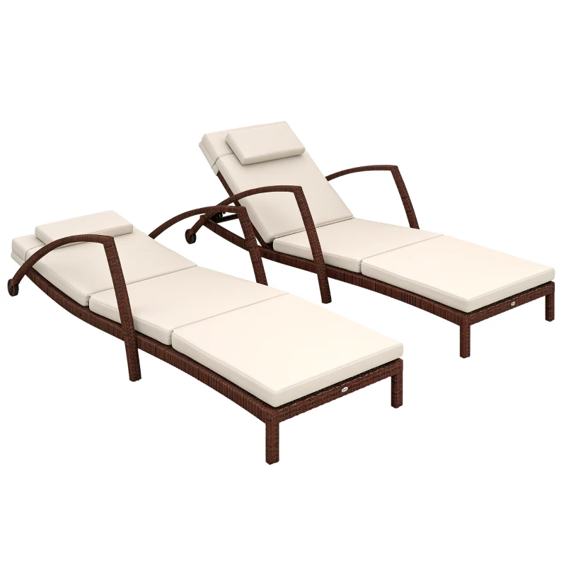Outsunny Set of 2 Wicker Chaise Lounge Chair Outdoor Patio Lounger with 5 Adjustable Back, Wheels, Cushion, and Armrests, Beige