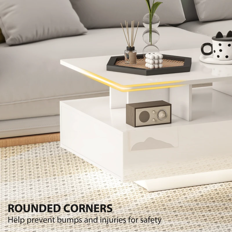 HOMCOM Coffee Table with RGB LED Lights, Modern Living Room Table with 4 Drawers, Open Shelf, Remote Control, High Gloss White