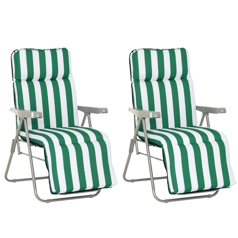 Outsunny Set of 2 Garden Sun Lounger, Outdoor Reclining Seat Cushioned Seat, Foldable Adjustable Recliner, White and Green