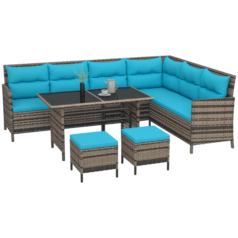 Outsunny 6pcs Outdoor Rattan Sofa Set Garden Wicker Sectional Couch Furniture Set with Dining Table and Chair Sky Blue
