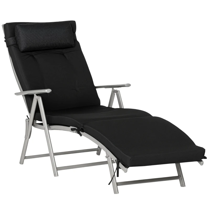 Outsunny Outdoor Folding Chaise Lounge Chair Recliner with Portable Design, Adjustable Backrest, Cushion and Headrest, Black