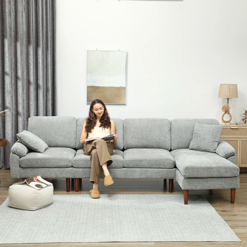HOMCOM L-Shape Sofa, Modern Sectional Couch with Changeable Chaise Lounge, Pillows and Wooden Legs for Living Room, Grey