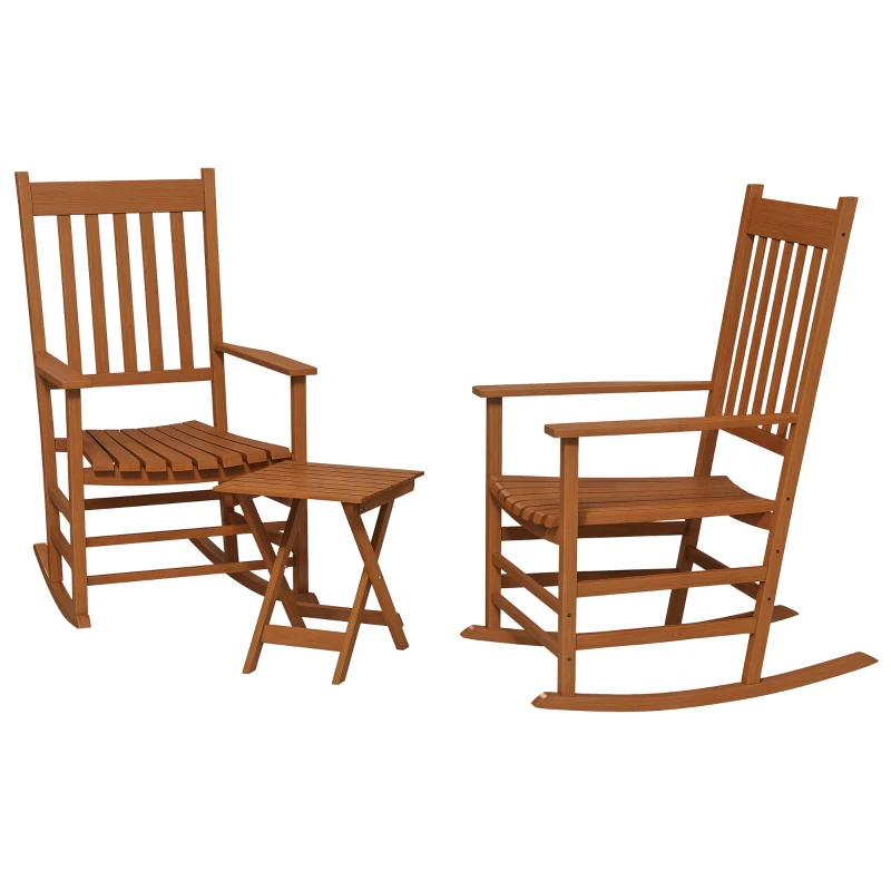 Outsunny Outdoor Rocking Chair Set of 2 with Side Table, Patio Wooden Rocking Chair with Smooth Armrests, High Back for Garden, Balcony, Porch, Supports Up to 352 lbs, Teak