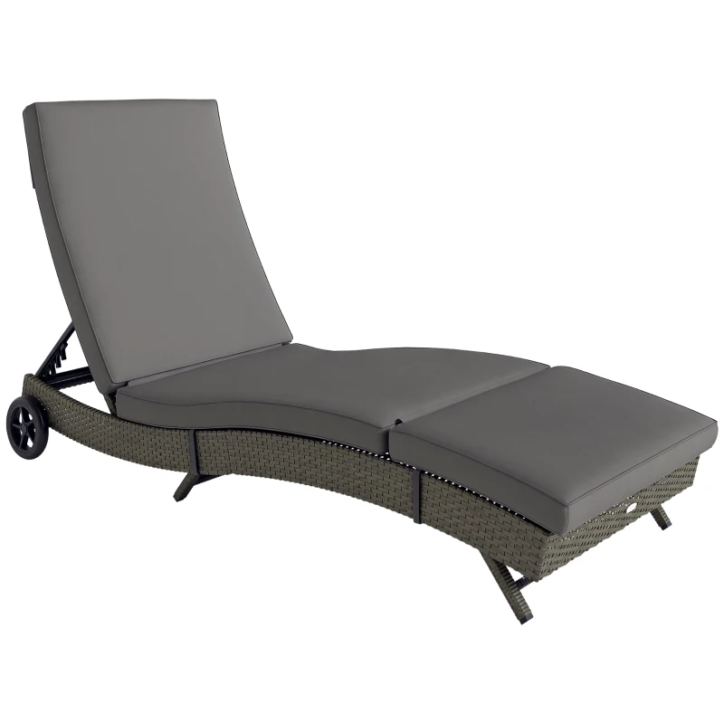 Outsunny Patio Wicker Chaise Lounge Chair, Outdoor PE Rattan Sun lounger with Adjustable Backrest and 2 Wheels, Gray