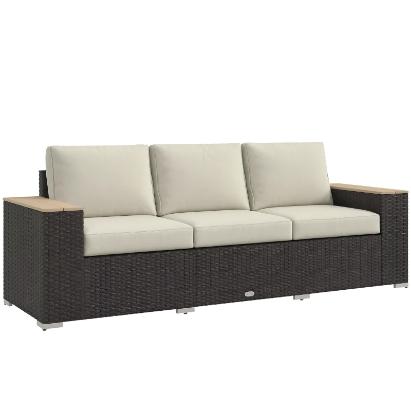 Outsunny 3-Seat Outdoor Patio Sofa with Cushions, PE Rattan Wicker Sofa with Wide Armrests, Outdoor Wicker Couch, Beige