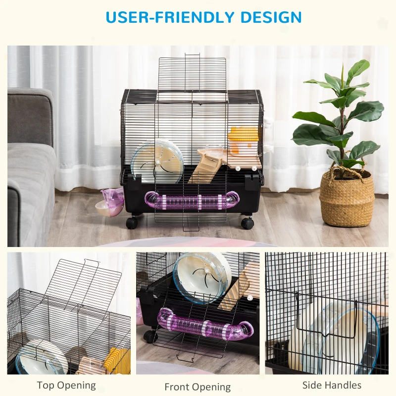 PawHut Hamster Cage, Gerbil Haven, Multi-storey Rodent House, Small Animal Habitats, Large Hide-out, w/ Water Bottle, Tubes, Exercise Wheel, Food Dish, Ramp, Shower Room, Black
