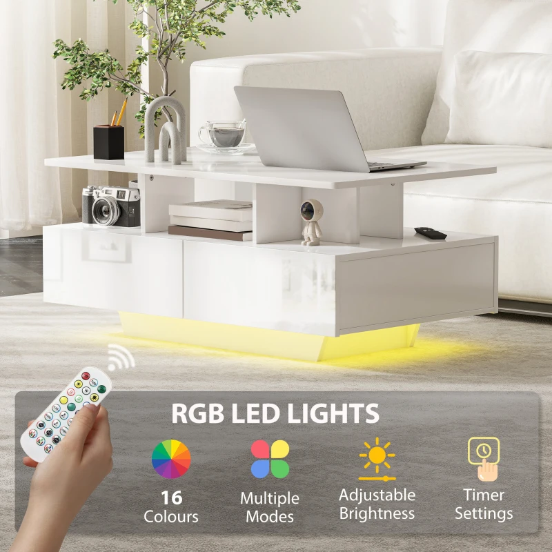 HOMCOM Coffee Table with RGB LED Lights, Modern Living Room Table with 4 Drawers, Open Shelf, Remote Control, High Gloss White