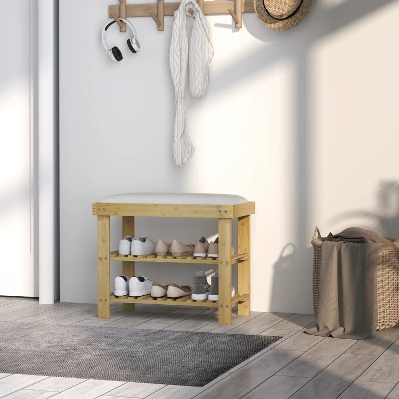 HOMCOM Bamboo Shoe Storage Bench, 3-Tier Entryway Bench with Cushion, Shoe Organizer for Entryway, Hallway, Cream White