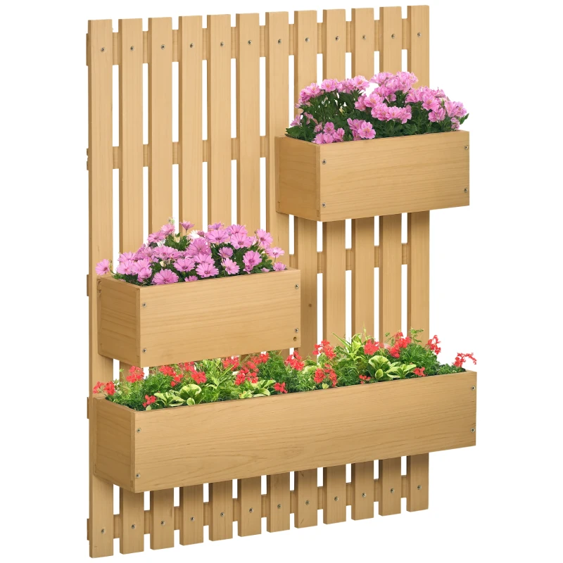 Outsunny 3 Box Raised Garden Bed with Trellis, Wall-Mounted Wood Planter Box Set with Drainage Hole for Flowers, Climbing Plants