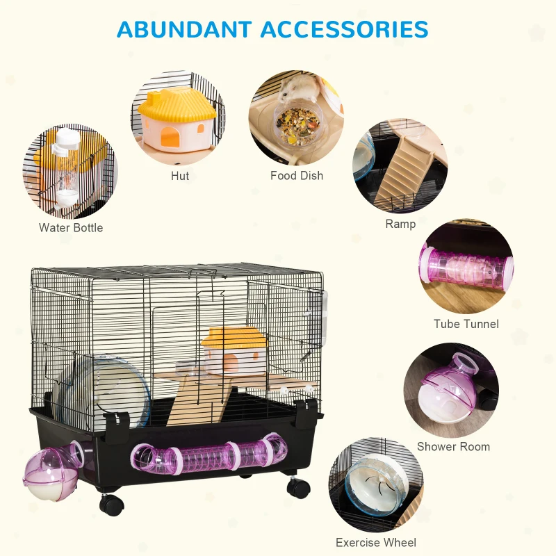 PawHut Hamster Cage, Gerbil Haven, Multi-storey Rodent House, Small Animal Habitats, Large Hide-out, w/ Water Bottle, Tubes, Exercise Wheel, Food Dish, Ramp, Shower Room, Black