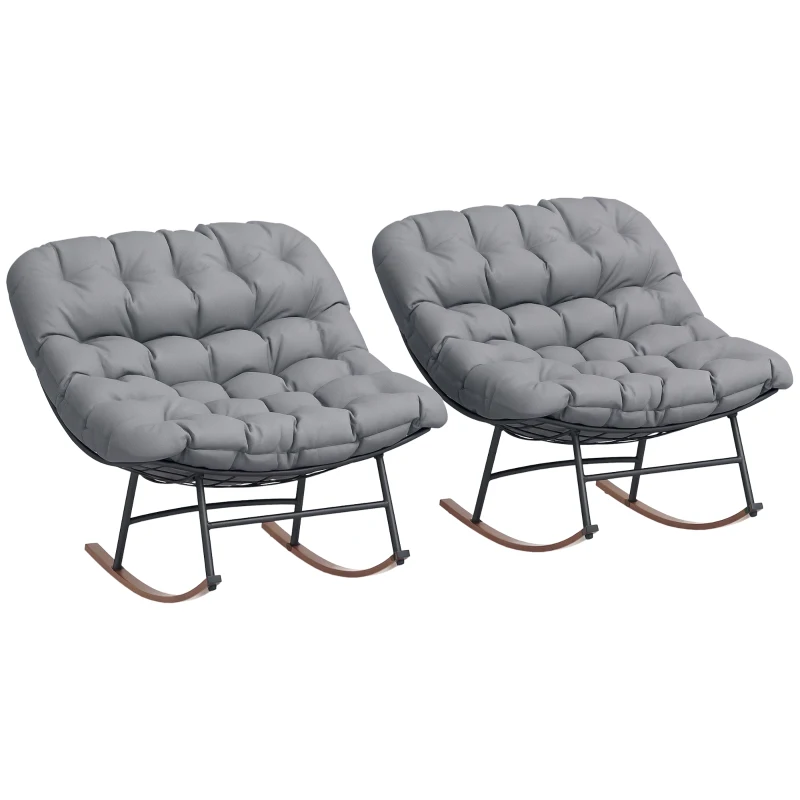 Outsunny Outdoor Rocking Chair Patio Set of 2, Oversized Rocking Papasan Chairs with Cushions for Garden Porch, 265 lbs., Gray