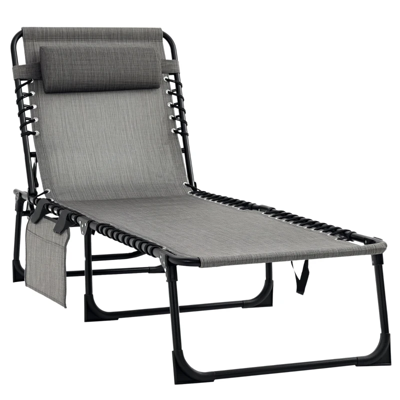 Outsunny Outdoor Folding Chaise Lounge, Reclining Lounge Chair with Adjustable Backrest and Removable Pillow, Mixed Grey