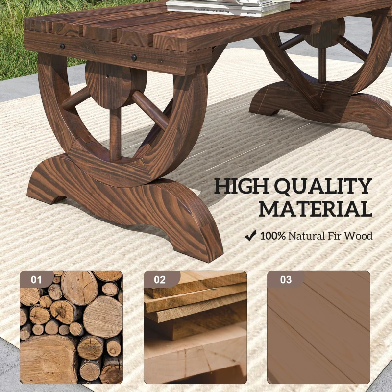 Outsunny Rustic Wood Wheel Outdoor Garden Bench for 2-Person with a Unique Wheel Design on the Legs & Strong Build, Brown