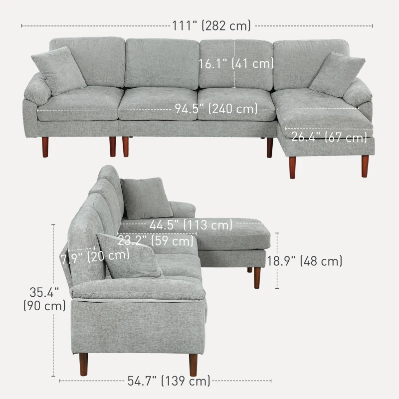 HOMCOM L-Shape Sofa, Modern Sectional Couch with Changeable Chaise Lounge, Pillows and Wooden Legs for Living Room, Grey