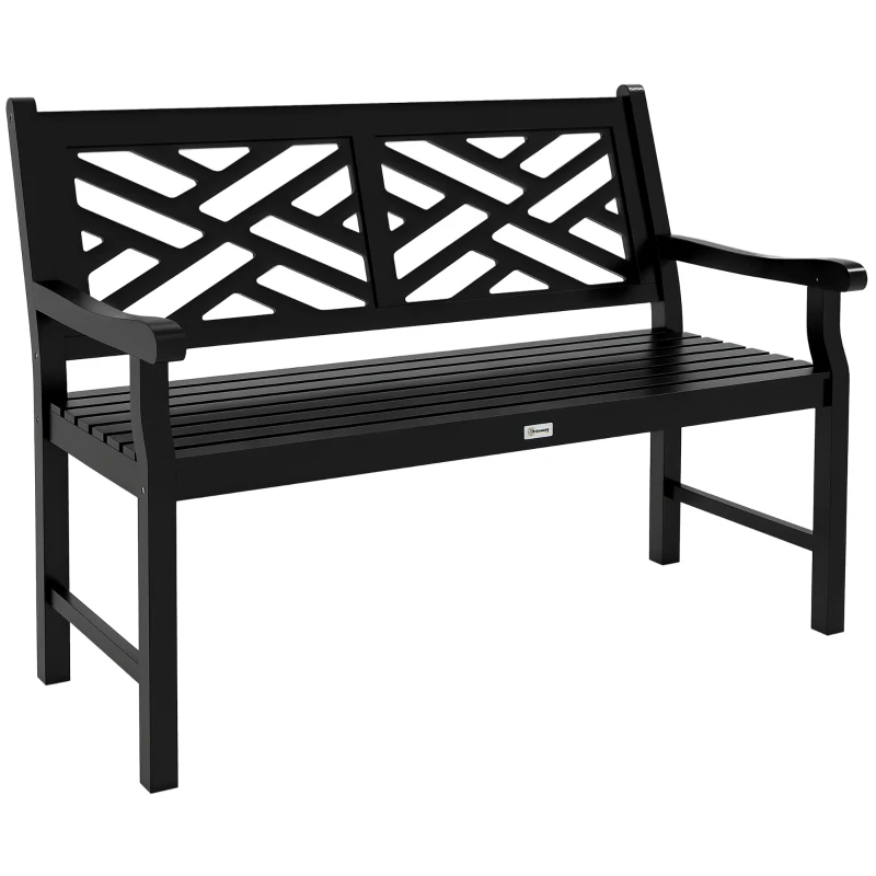 Outsunny Outdoor Garden Bench, Wooden Frame Patio Bench with Geometric Pattern, 43.25 Inch Weatherproof 2-Person Love Seat for Garden, Lawn, Porch, Yard, Work Entryway, Black