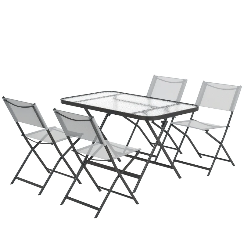 Outsunny 5 Pieces Foldable Patio Dining Table and Chairs, Outdoor Dining Set for 4 with Large Rectangle Glass Top Table and 4 Armless Chairs for Conservatory, Garden, Deck, Grey