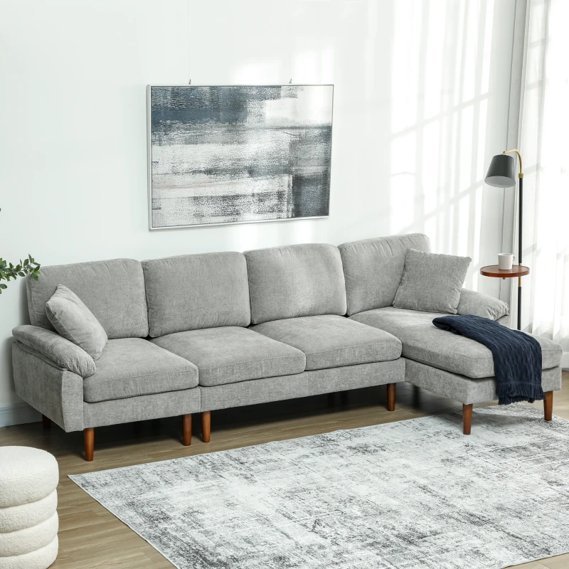 HOMCOM L-Shape Sofa, Modern Sectional Couch with Changeable Chaise Lounge, Pillows and Wooden Legs for Living Room, Grey