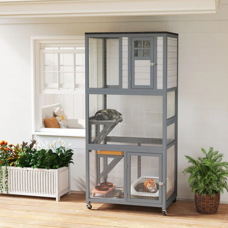 PawHut 74" Wooden Outdoor Cat House Weatherproof & Wheeled with High Weight Capacity, Kitten Cage Condo, Light Grey