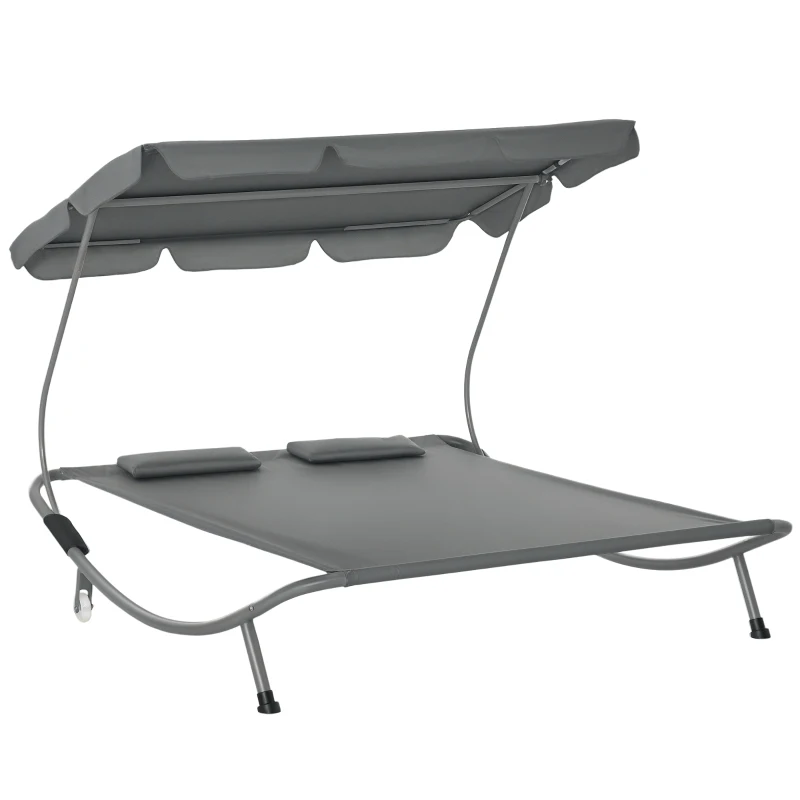 Outsunny Double Patio Lounger with Adjustable Canopy, Outdoor Daybed Hammock Lounger with Headrest Pillows, Two Moving Wheels for Poolside, Garden, Grey