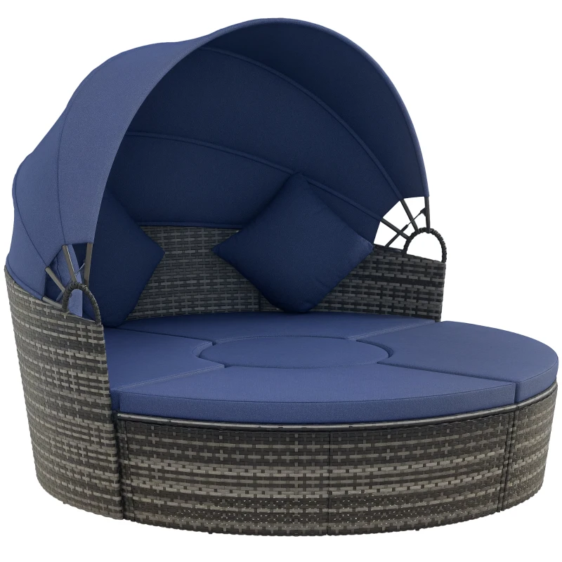 Outsunny 4 Pieces Outdoor Daybed with Retractable Canopy, Wicker Round Sofa Day Bed, Conversation Furniture Set, Dark Blue