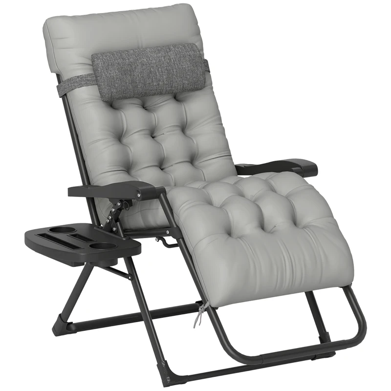 Outsunny Padded Folding Recliner Chair, Patio Lounger with Cupholder, Adjustable Backrest, Removable Cushion, Grey