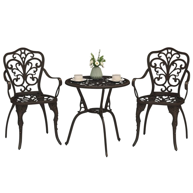 Outsunny 3 Pieces Cast Aluminum Bistro Set, Outdoor Patio Furniture Set with Umbrella Hole for Garden Balcony, Bronze
