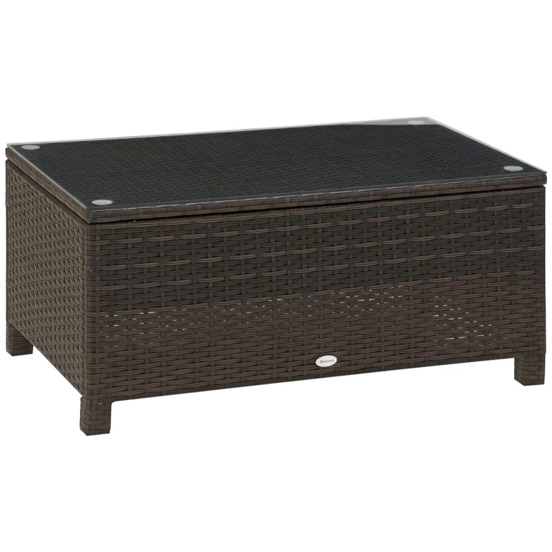 Outsunny Rattan Wicker Coffee Table with Glass Top Outdoor Garden Patio Furniture Brown Tempered