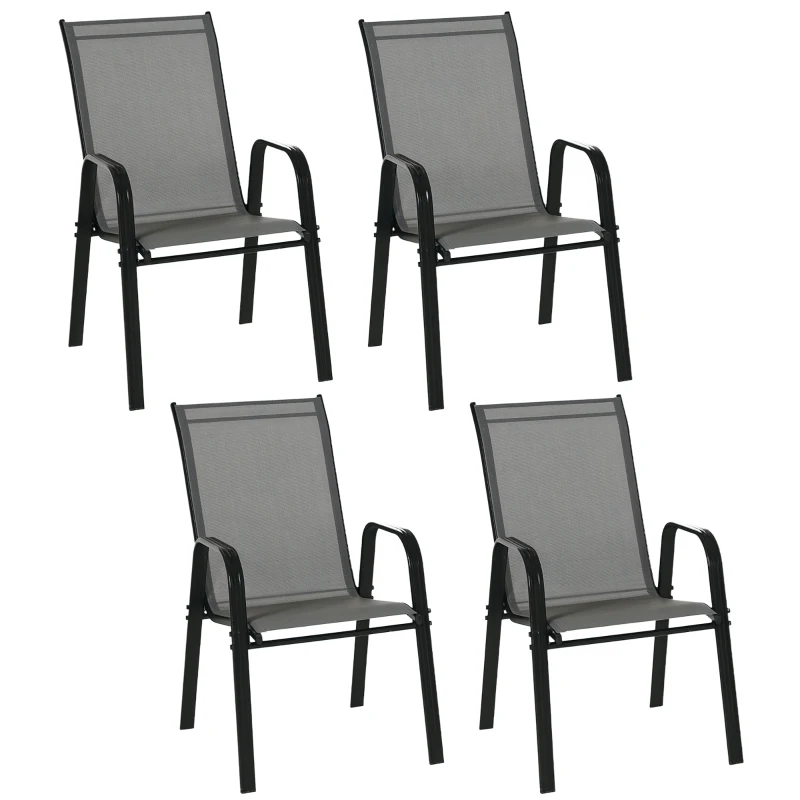 Outsunny Set of 4 Outdoor Dining Chairs, Heavy Duty Stackable Patio Dining Set with Armrests for Balcony Garden, Dark Grey